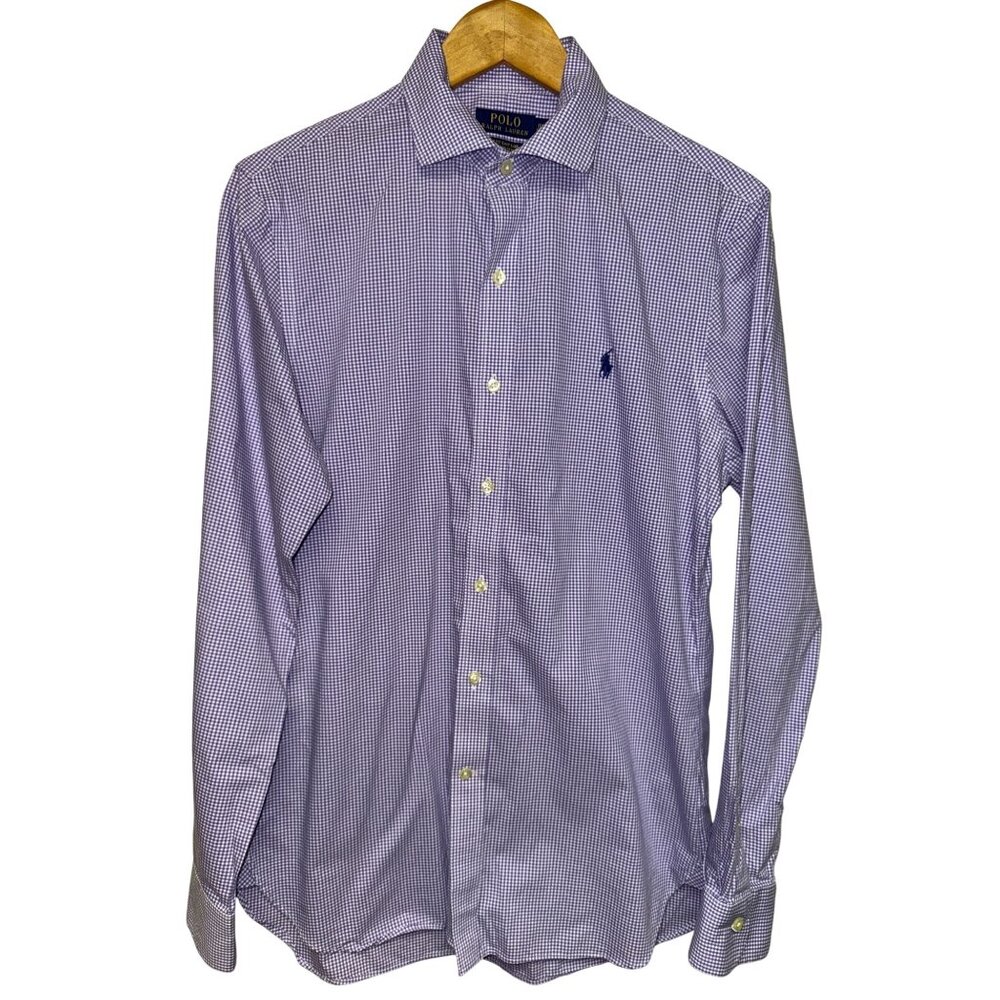 Polo Ralph Lauren Men's Shirt Dress Gingham Purple White Check Slim Fit 15 1/2